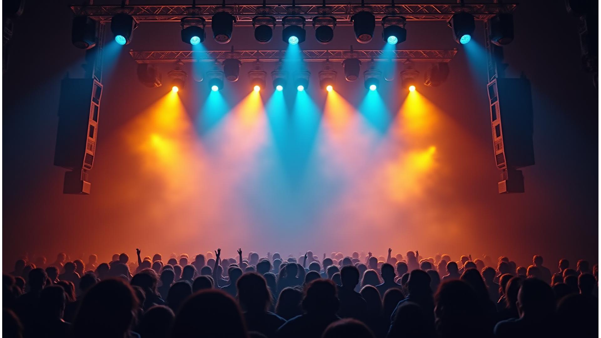 Dynamic concert lighting over a stage with a powerful audio system