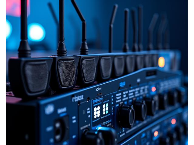 Wireless microphones and in-ear monitors on a professional stage