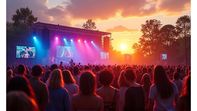 Vibrant, bustling festival scene with attendees enjoying music under solar-powered lights, showcasing a successful sustainable event.
