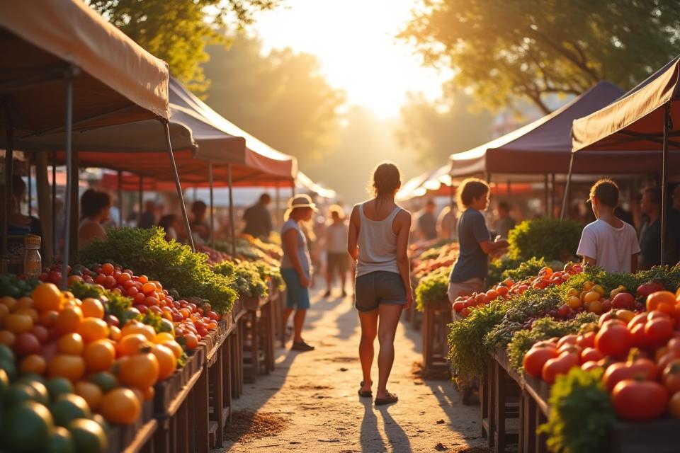 Diverse group of local vendors at a vibrant farmers market stall, showcasing fresh produce and handcrafted goods, emphasizing community support.
