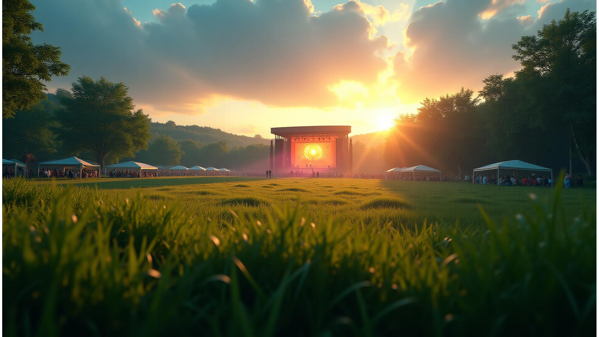 Lush green landscape with a glowing, energy-efficient concert stage in the distance, illustrating innovative sustainable event production
